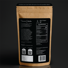 Load image into Gallery viewer, Buy ceylon black peppercorns online on www.ceylonprovidore.com. The pepper is sourced ethically, fresh and packaged in eco-friendly bags. back view of the package.
