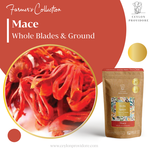 Buy Mace whole blades or ground online on www.ceylonprovidore.com. Mace is sourced ethically, fresh and packaged in eco-friendly bag.