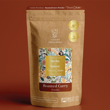 Load image into Gallery viewer, Buy Roasted Curry Powder online at www.ceylonprovidore.com. Ethically sourced, freshly manufactured in small batches and packaged in eco-friendly bags. Front View of the Package.
