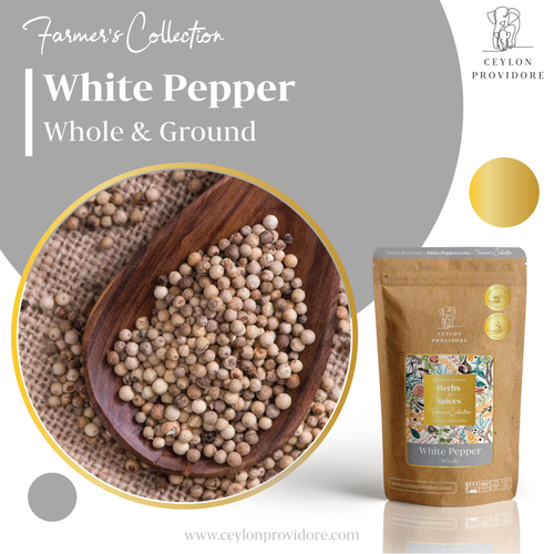 Buy White peppercorns online at www.ceylonprovidore.com. The white pepper is sourced ethically, fresh and in eco-friendly packaging. 