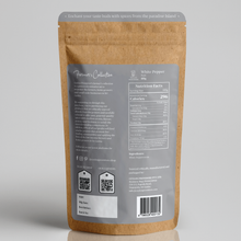 Load image into Gallery viewer, Nutritional value facts of Sri Lankan whole white pepper in a biodegradable compostable stand up pouch
